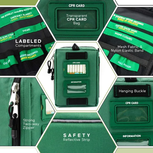 Vista 6 de Kit de primeros auxilios (165 piezas) Bolsa médica de supervivencia ligera y práctica de 3 capas compactas para emergencias en casa, al aire libre