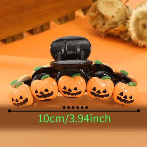 Vista 7 de 1 pinza para el cabello de Halloween para mujer, diseño divertido de calabaza sonriente, diseño exquisito, pinza de garra gruesa y fina naranja