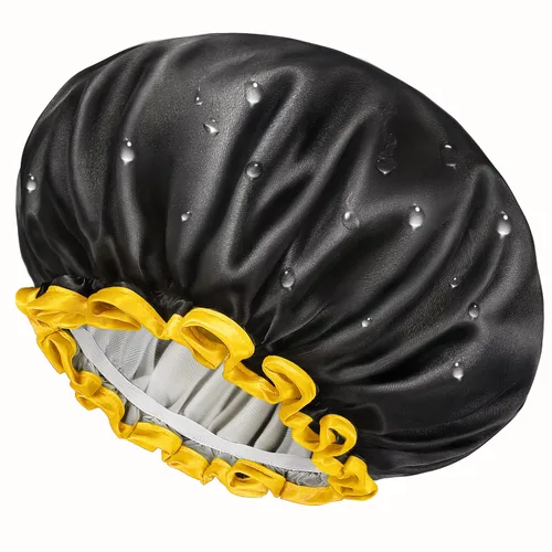 Vista 34 de Gorro de ducha negro extra grande para mujeres y hombres con cabello grueso, largo y trenzas, reutilizable, impermeable, de doble capa XL, gorros