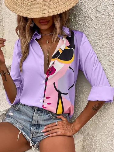 Vista 4 de SHENHE Camisa de manga larga con cuello para mujer, con estampado de figuras coloridas