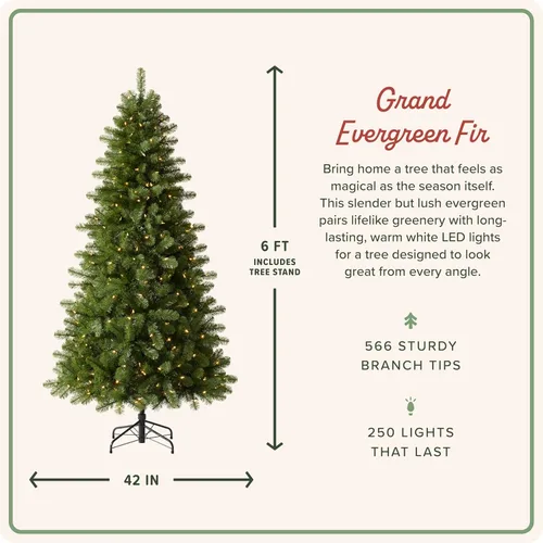 Vista 2 de Treetopia Grand Evergreen Fir - Árbol de Navidad artificial para interiores, preiluminado con luces LED transparentes, ramas con bisagras