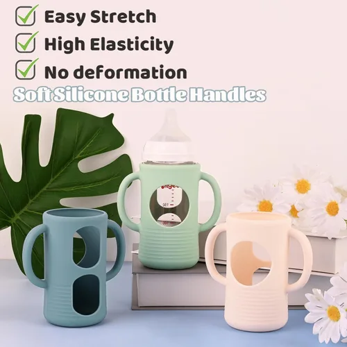 Vista 4 de Paquete de 3 fundas de silicona compatibles con botella de vidrio de paloma Beige+Azul+Verde