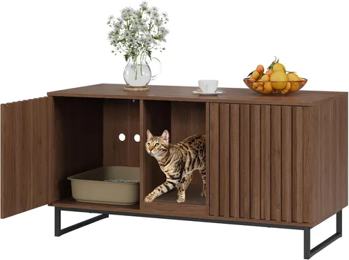 Vista 13 de Caja de arena para gatos para 2 gatos, caja de arena de 47.6 pulgadas, muebles ocultos con almohadilla para rascar, armario grande para habitación