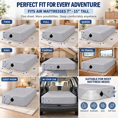 Vista 3 de Sábana bajera tamaño matrimonial para colchón de aire, protector de colchón de aire impermeable con bolsillo profundo de 7 a 15 pulgadas, para cama