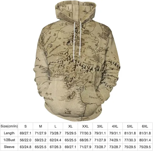 Vista 3 de Bagea-Ka Sudadera con capucha unisex con estampado de mapa de la Tierra Media con bolsillos, estampado 3D para hombres y mujeres