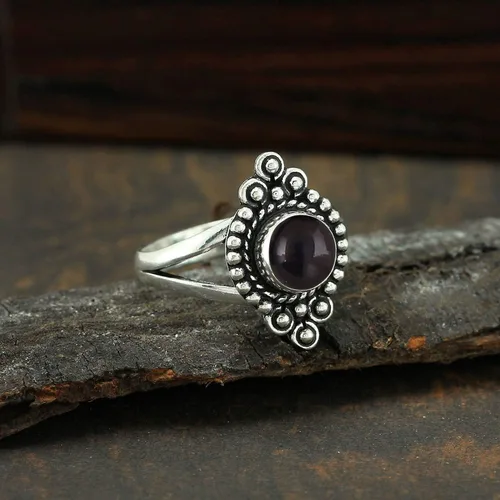 Vista 3 de Round Shape Natural Gemstone Vintage Style Handmade Rings for Women - 925 Silver Overlay Handmade Birthstone Ring Jewelry Gift for Her Mom Wife