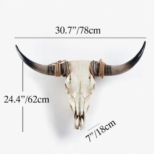 Vista 4 de QQXX Escultura de pared de cráneo de vaca de cuerno largo, cráneo de vaca sintético, para colgar en la pared, escultura de pared hecha a mano