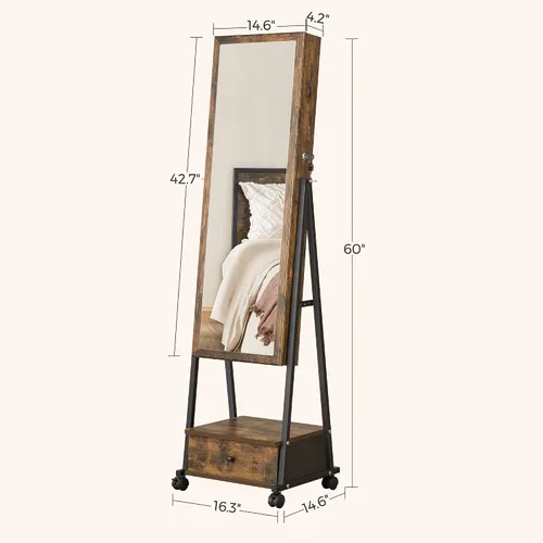Vista 6 de SONGMICS UJJC004X01 - Organizador de joyas con cerradura con espejo de longitud completa, cajón inferior, estante, ruedas, regalos de Navidad
