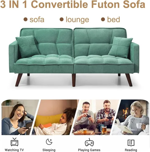 Vista 8 de Sofá cama futón, sofá futón plegable convertible, sofá pequeño transpirable, cómodo sofá cama doble tapizado de terciopelo para sala compacta