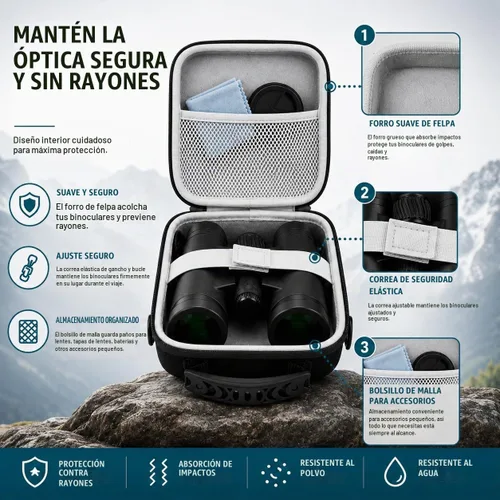 Vista 5 de Estuche para binoculares, funda protectora rígida de EVA con exterior resistente al agua, asa de transporte y correa para el hombro, se adapta a
