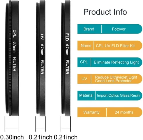 Vista 2 de Kit de filtro universal UV CPL FLD, filtro de protección UV, filtro polarizador circular, filtro fluorescente con tapa de lente de repuesto