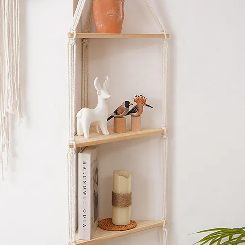 Vista 6 de ARMERI Estante colgante de macramé, decoración de pared bohemia de 3 niveles, cuerda de algodón hecha a mano, estantes flotantes de madera rústica