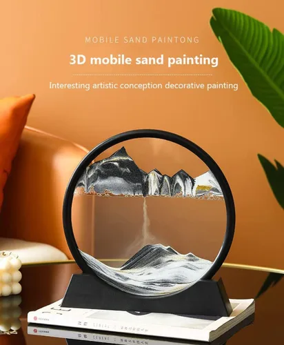 Vista 4 de XKSW Pintura de arena que fluye 3D, decoración de arte en movimiento, marco de vidrio redondo de paisaje natural de reloj de arena, pintura de arena