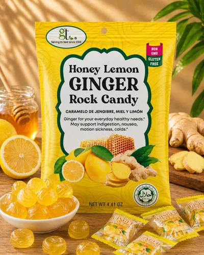 Vista 4 de GT Honey Lemon Ginger Rock Candy, bolsa de 4.41 onzas, 1 paquete