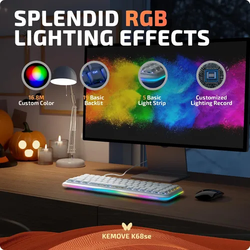 Vista 3 de KEMOVE K68se Teclado mecánico para juegos, teclado RGB 60% con interruptor lineal rojo, blanco