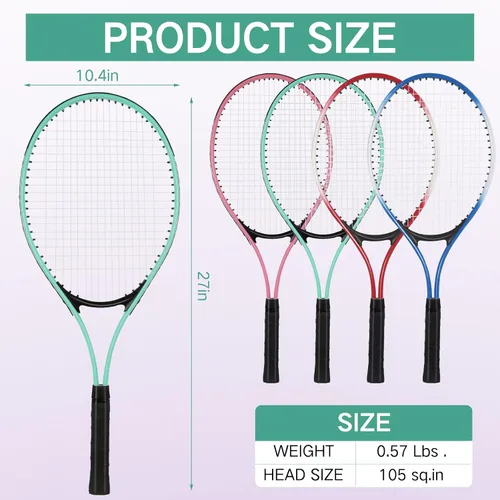 Vista 3 de 16 raquetas de tenis para adultos recreativas para 8 jugadores, raqueta de tenis de 27 pulgadas, raqueta de tenis ligera a granel con 8 pelotas