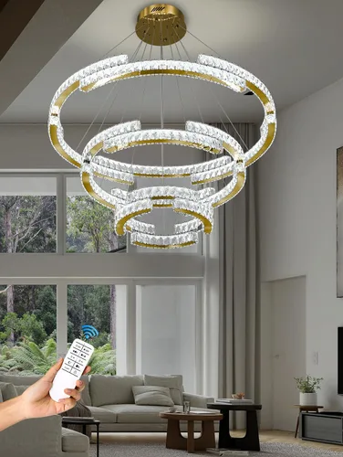 Vista 9 de D40''+D27.5''+D15.7'' Moderna lámpara de araña de oro de 3 anillos de cristal para sala de estar, luz colgante de cristal, entrada de vestíbulo Oro