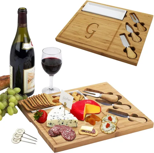 Vista 20 de Picnic at Ascot - Tabla de quesos de bambú grabada, personalizada, con 3 cuchillos de queso, plato de cerámica y marcadores de queso, diseño