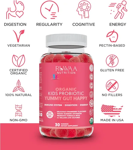 Vista 5 de RUWAA NUTRITION Gomitas probióticas orgánicas para niños para la salud digestiva, apoyo inmunológico, estreñimiento, hinchazón. 2.5 mil millones