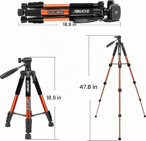 Vista 3 de Trípode de aluminio portátil de viaje ligero compacto Q111 de 55 pulgadas para Canon Nikon Sony DSLR Cámara YouTube teléfono con estuche de Rojo