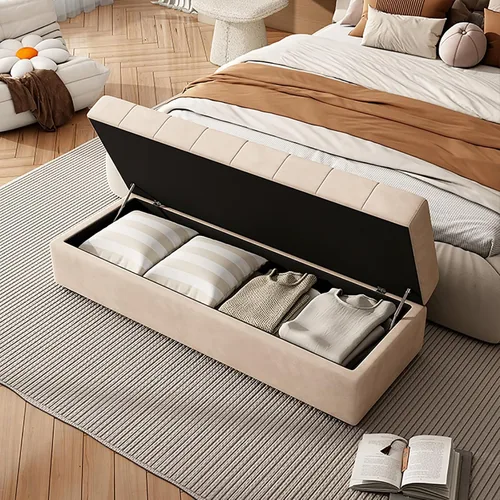 Vista 6 de Amarillo Solid Wood Square Ottoman with Storage – Upholstered Bench for Living Room, Bedroom, Entryway & Shoe Stores – High Resilience Foam Filling
