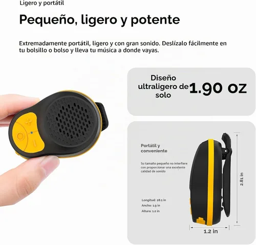 Vista 2 de Altavoz Bluetooth Portátil Clip On, Pequeño Altavoz Portátil, Mini Altavoz Bluetooth Impermeable con Micrófono para Ejercicios de Carrera hasta 24H