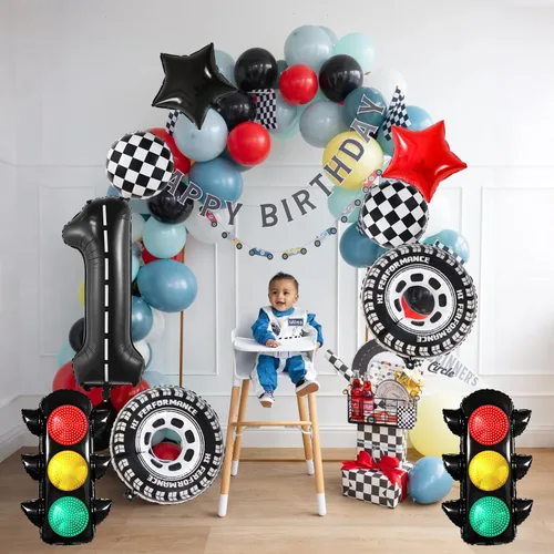 Vista 3 de 9 globos de auto de carreras, globos de 40 pulgadas, globos de semáforo, suministros de decoración de fiesta temática de primer cumpleaños (1st)