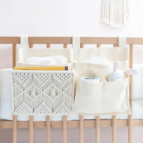 Vista 8 de Mkono Organizador colgante para mesita de noche, litera tejida con 7 bolsillos, bolsa de almacenamiento para cama, estilo bohemio, con control