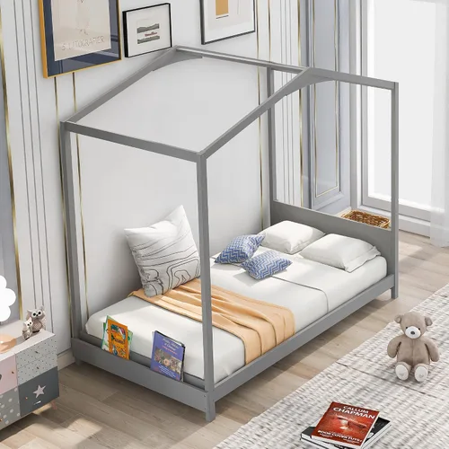 Vista 24 de Cama de madera maciza tamaño individual con techo, nido, 3 cajones de almacenamiento, sofá cama de plataforma para muebles de dormitorio, sala