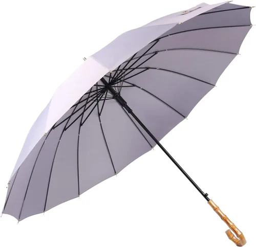 Vista 7 de ThreeH Paraguas negro de bambú para lluvia auto abierto color sólido de moda y simple 190T 16 costillas, KS08