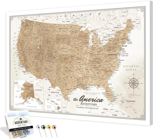 Vista 61 de IPIC - Lienzo con mapas de EE. UU. para decoración de pared, mapa con pin de empuje para marcar viajes, mapa de viaje impreso de EE. UU.