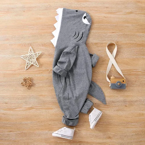 Vista 3 de Mameluco con capucha para recién nacidos, niños y niñas, diseño de tiburón, dinosaurio