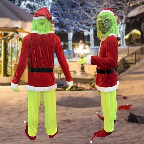 Vista 3 de Christmas Green Big Monster Costume7Pcs Adult Santa Suit for Men WomenFunny Santa Outfit with Mask