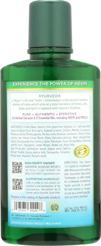 Vista 2 de Auromere Enjuague bucal natural ayurvédico para adultos y niños, enjuague bucal sin alcohol para mal aliento, sin flúor, enjuague oral de neem