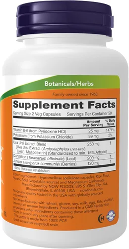 Vista 2 de NOW Foods Suplementos, agua con Uva Ursi estandarizada, diente de león, potasio y vitamina B-6, 100 cápsulas vegetales