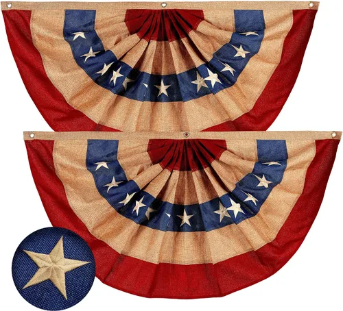Vista 14 de G128 Paquete de 10: Banderines patrióticos estadounidenses y bandera desplegable de Betsy Ross, 13 estrellas bordadas en patrón circular con 5 rayas