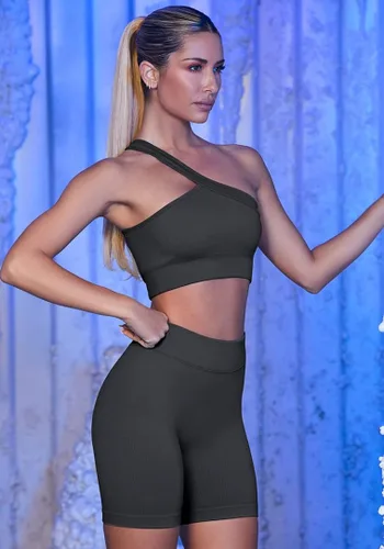 Vista 2 de HYZ Conjunto de entrenamiento de 2 piezas sin costuras para mujer, sin mangas, acanalado, dos piezas, cintura alta, para gimnasio, yoga, pantalones