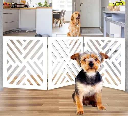 Vista 9 de Puerta independiente para perros, valla de madera decorativa expandible para perros pequeños a medianos, barrera para escaleras, puertas y pasillos