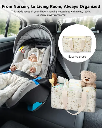 Vista 9 de BuyCard Organizador floral de pañales para bebé, cesta de almacenamiento acolchada grande con asa, regalo para baby shower, regalo para padres