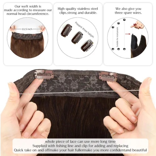 Vista 5 de Extensiones de cabello humano real, cabello lacio marrón chocolate de 12 pulgadas con alambre oculto y línea de pescado transparente
