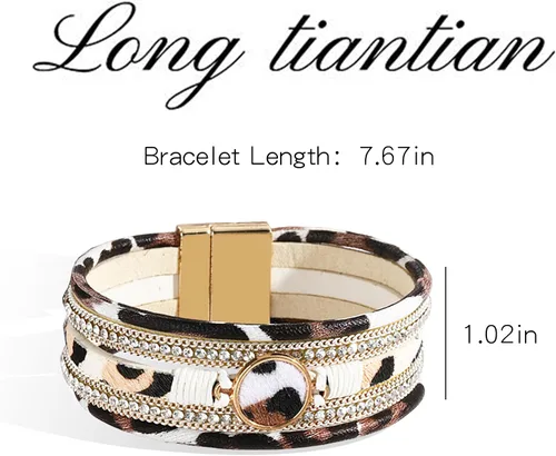Vista 5 de Long tiantian Pulsera de leopardo para mujer, pulsera apilada con cierre multicapa de cuero bohemio con cristal de perla