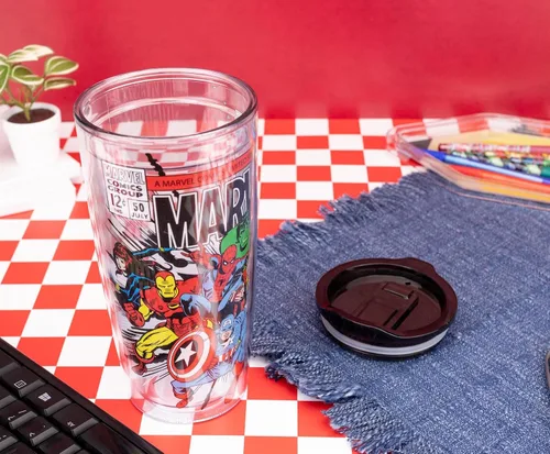 Vista 5 de Silver Buffalo Marvel Avengers Taza de viaje con diseño de Spider-Man, Capitán América, Thor, Hulk e Iron Man, de doble pared, con tapa de cierre