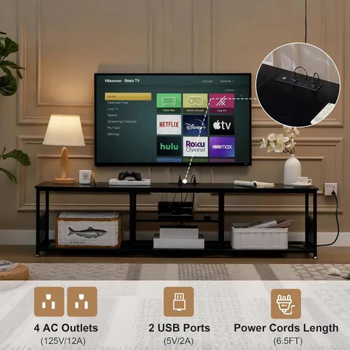 Vista 3 de VECELO Soporte de TV con tomas de corriente para televisores de hasta 65 pulgadas, centro de entretenimiento multimedia de 55" con estación