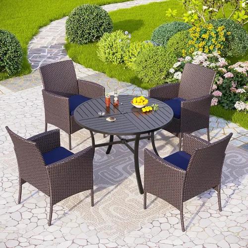 Vista 16 de PHI VILLA Juego de comedor al aire libre de 5 piezas para 4, mesa de comedor cuadrada de metal y sillas de mimbre de ratán con cojines, muebles