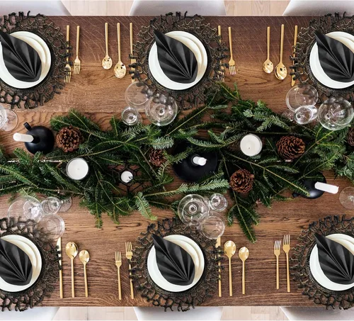 Vista 6 de MAONAME Juego de 6 platos base negros de 13", platos base redondos para platos de cena, platos base de plástico, platos base para mesa de boda
