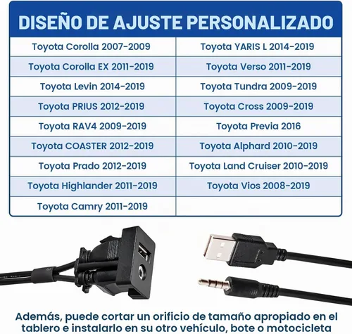 Vista 3 de Anina USB AUX Montaje empotrado para Toyota, cable de extensión AUX de 0.138 in para salpicadero de automóvil macho a hembra, adaptador de enchufe
