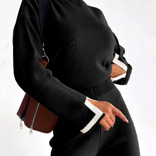 Vista 7 de MaLinfandor Conjunto de 2 piezas de suéter de punto para mujer, sudadera de manga larga, pantalones elásticos de pierna ancha, conjunto de ropa