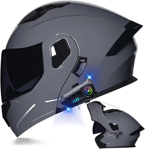 Vista 26 de Casco modular Bluetooth para motocicleta, aprobado por DOT, de cara completa, abatible, antivaho, doble visera, casco de motocicleta de calle, LENTE