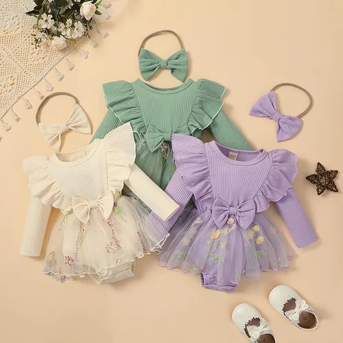 Vista 9 de MERSARIPHY Conjunto de mameluco de otoño para bebé niña con volantes, manga larga, a cuadros, overol con diadema