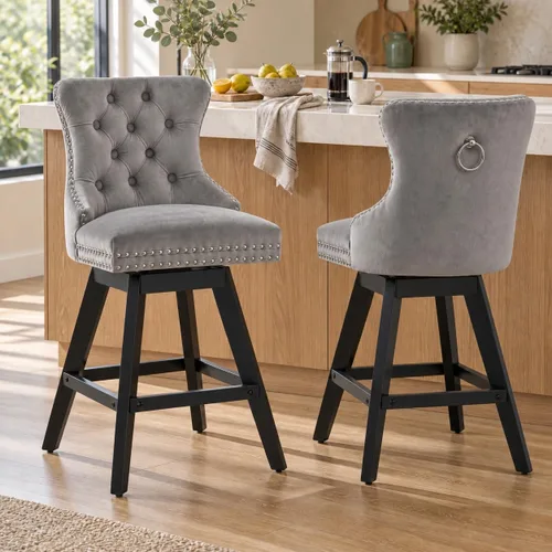 Vista 24 de Juego de 2 taburetes de bar giratorios modernos, taburetes de bar de 26.6 pulgadas de altura de mostrador beige con respaldo para isla de cocina